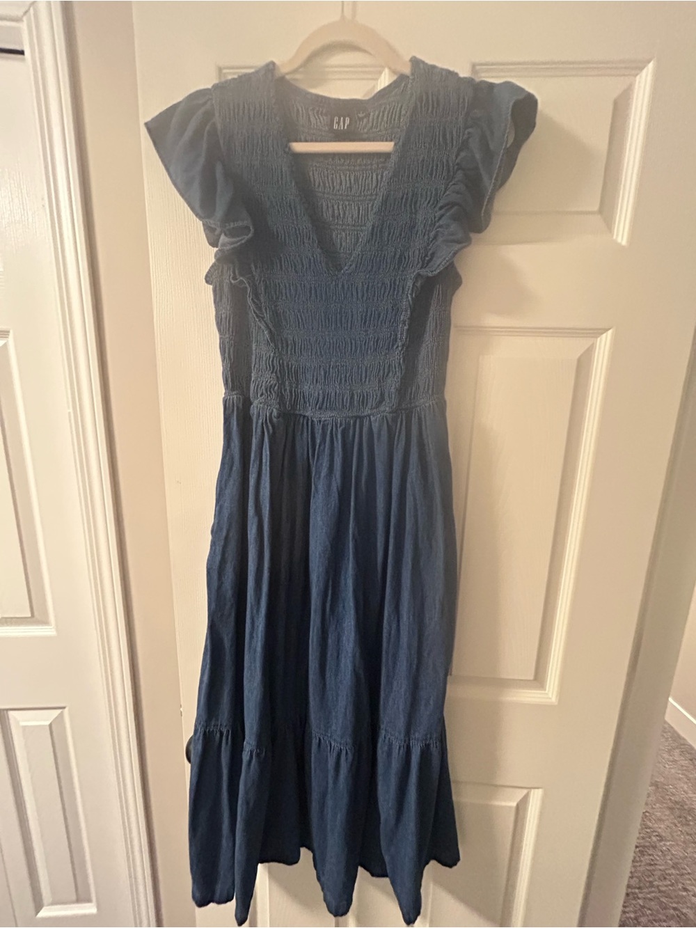 Gap Women's Denim Smoked Maxi Dress with Flutter Sleeves